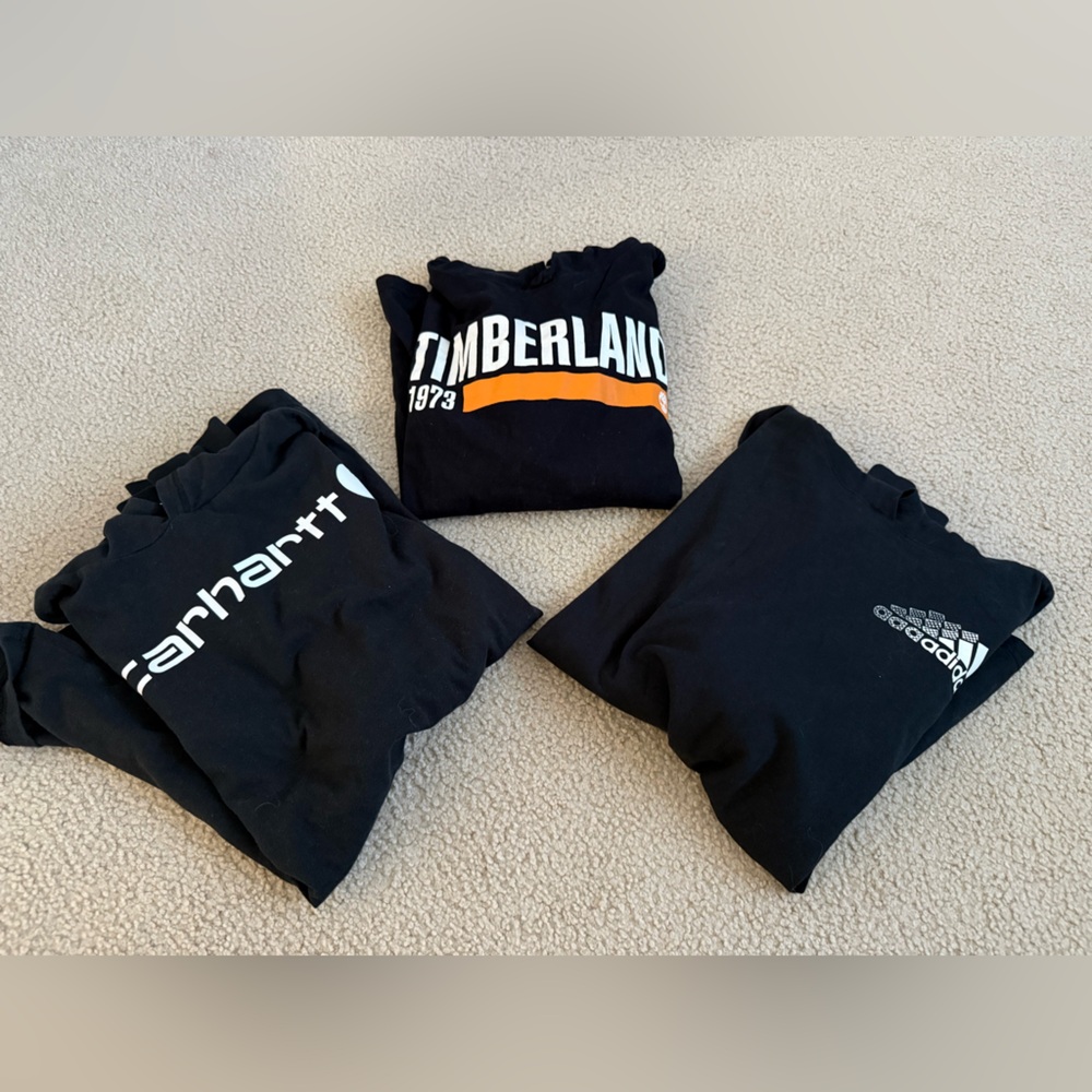Boys 14/16 Carhartt, Timberland, and Adidas Black Long sleeve with hoods
